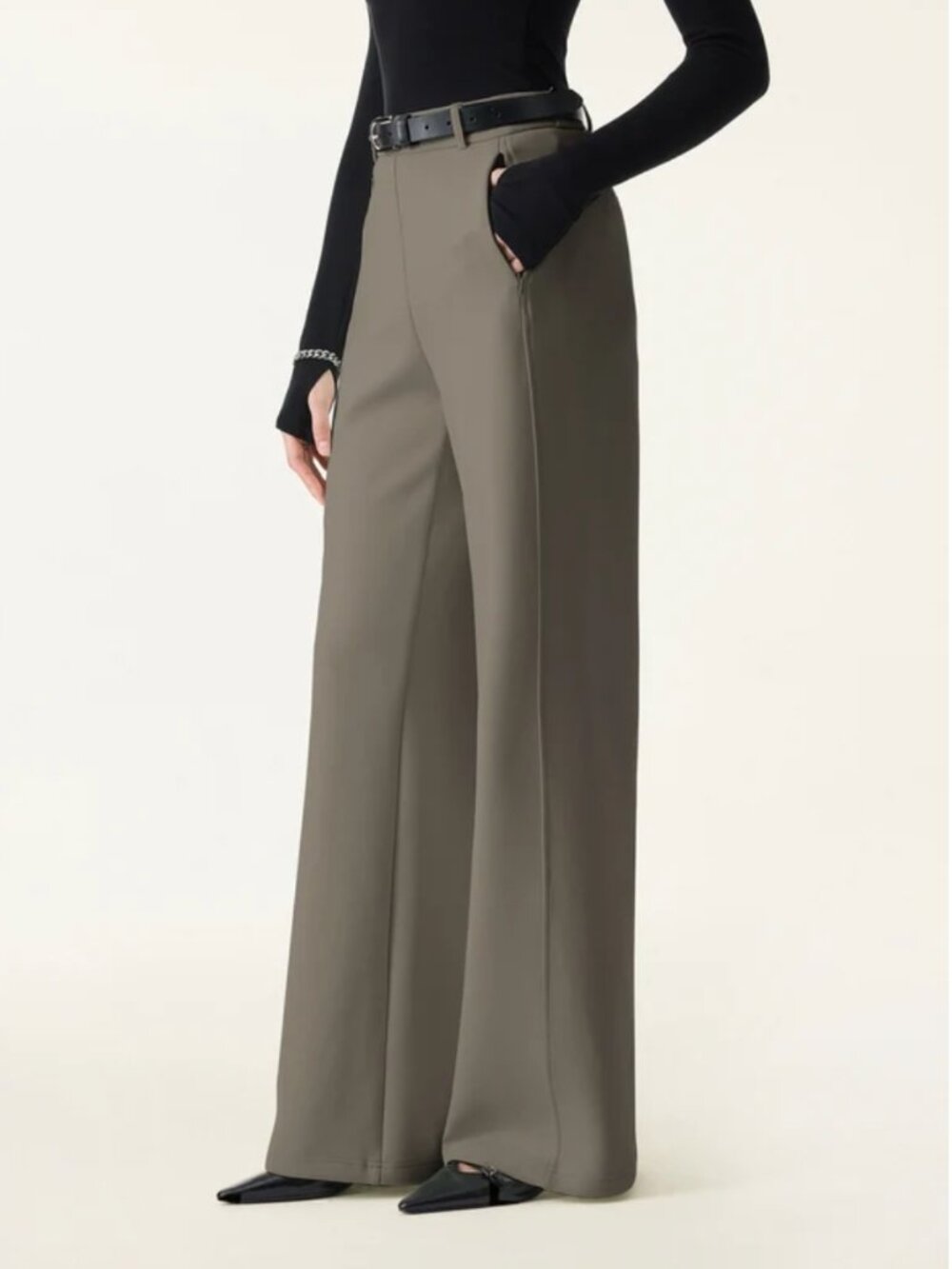 Stretch Cotton Blend Slimming High Rise Wide Leg Pant
